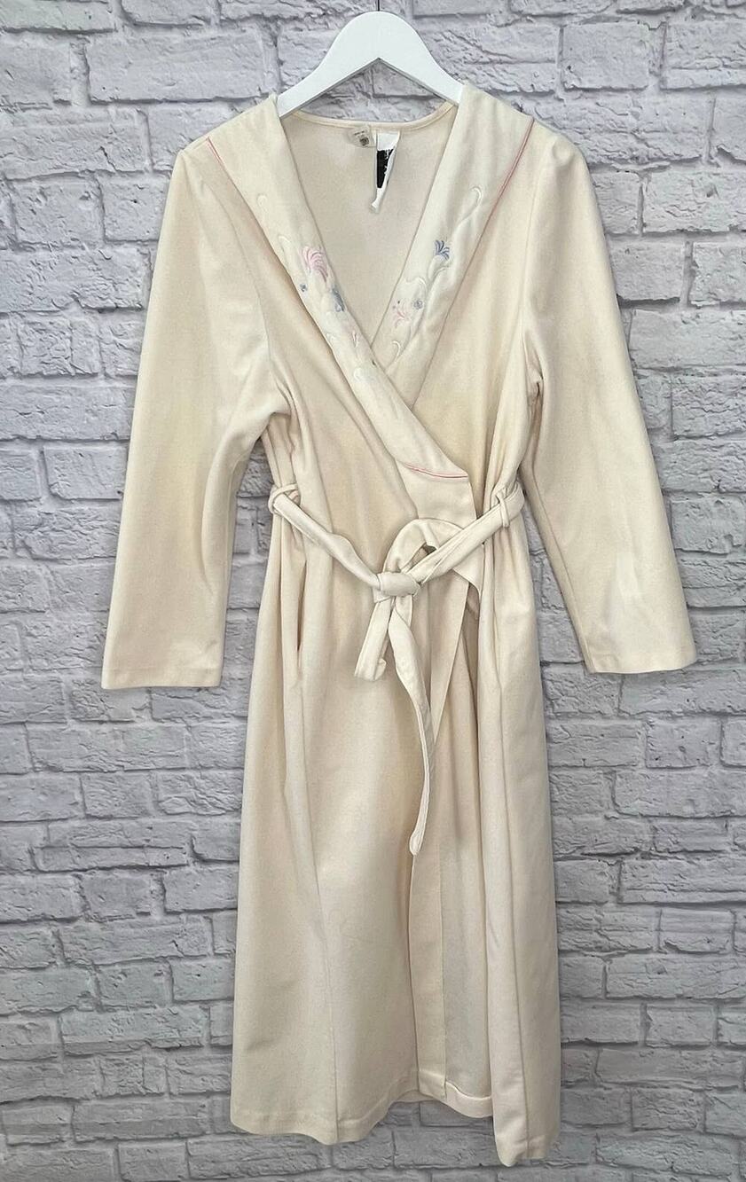 Vintage APOSTROPHE Sears Lightweight Fleece Robe Cream Floral Size L Belted